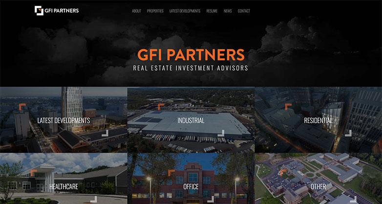 GFI Partner's real estate investor uses a modern design with a dark overlay.
