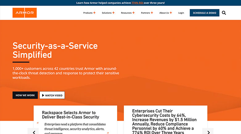 Armor's website showcases their global expertise in cybersecurity software.