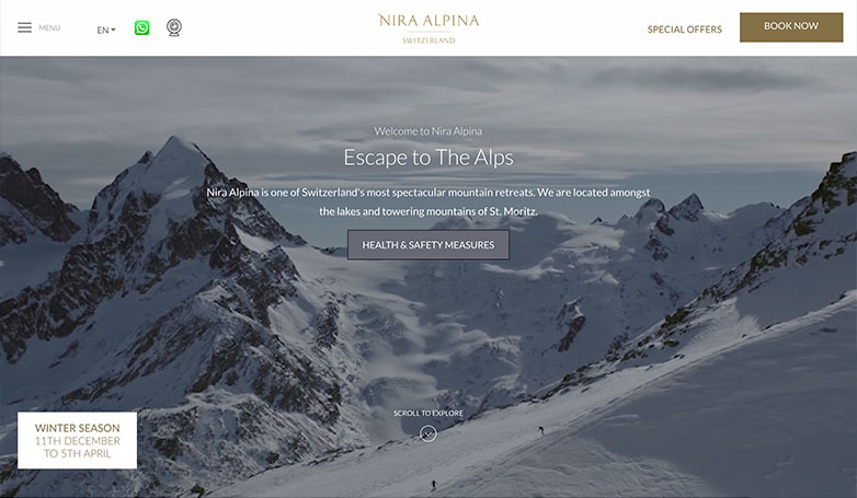 Nira Alpina's website features immersive video and stunning photography.