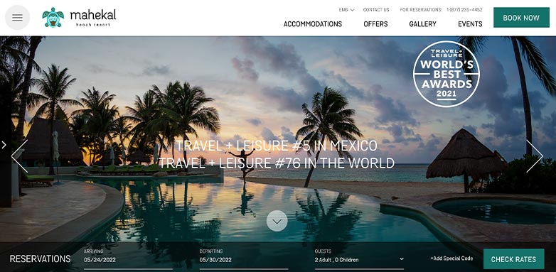 Mahekal Beach Resort website features CTA buttons, "Rewards" and "Book Now," that move as you scroll. The site showcases lush photos on every page.