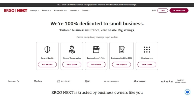 123 ERGO NEXT Insurance website with clear coverage options, quote CTAs, and a streamlined user experience.