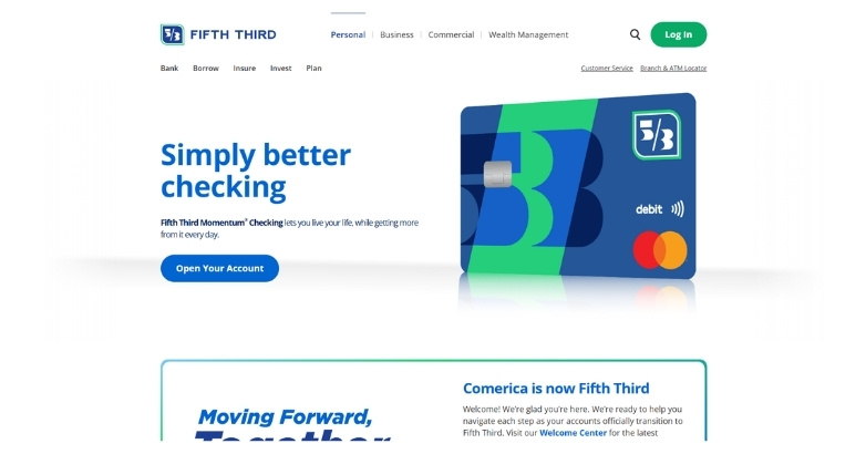 Bank website design for Fifth Third Bank featuring a clean layout and prominent account CTA.