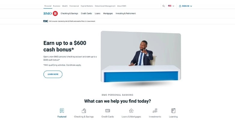 Bank website design for BMO with clean navigation and a prominent checking account promotion.