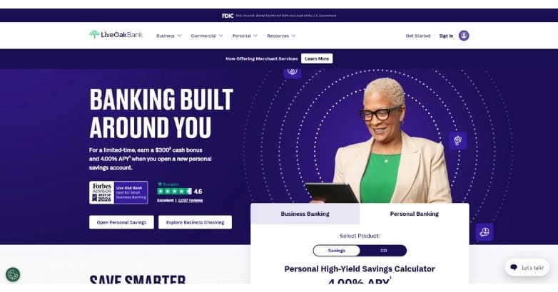 Bank website design for Live Oak Bank with bold visuals, clear navigation, and savings account CTAs.
