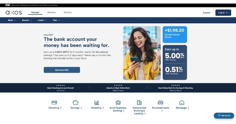 Bank website design for Axos Bank with a modern layout and clear banking service navigation.