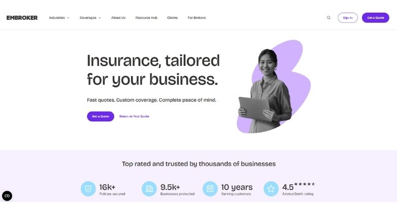 Embroker insurance website design with tailored business coverage messaging