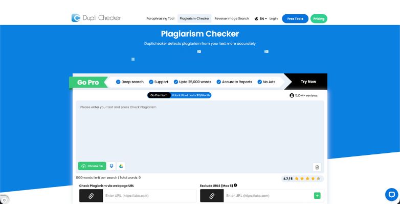 DupliChecker homepage showing the plagiarism checker interface with text box, deep search options, file upload button, and premium features.