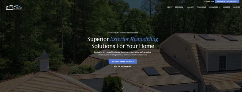 Screenshot of KP LaMarco’s website homepage featuring a hero banner with text “Superior Exterior Remodeling Solutions For Your Home.” The background shows a residential roof surrounded by trees, with a prominent call-to-action button for requesting a free estimate.