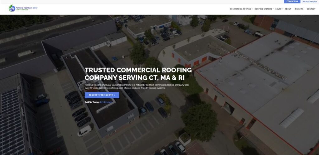 Screenshot of National Roofing’s website homepage showing a hero banner with text “Trusted Commercial Roofing Company Serving CT, MA & RI.” The background features an aerial view of a commercial building roof, with a call-to-action button for requesting a free quote.