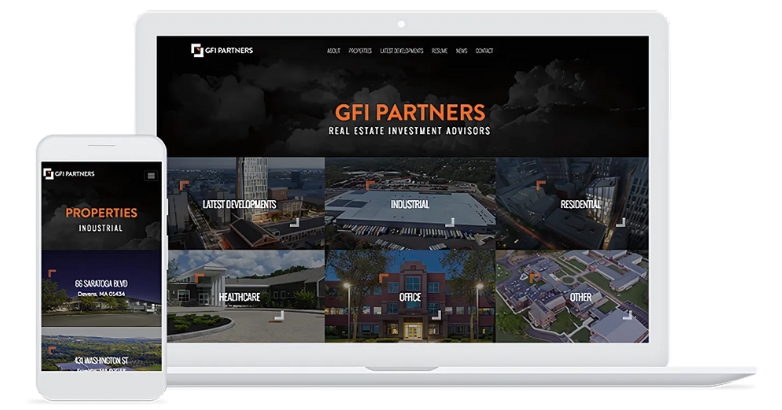 GFI Partners luxury real estate marketing webpage displaying a dark-themed design both a desktop and a mobile phone interface.