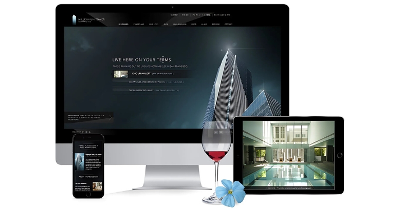 Real estate marketing website design for Millennium Tower San Francisco, featuring a night cityscape background and information about luxurious living spaces, visible on a desktop, smart phone and tablet layout
