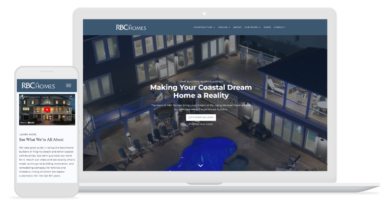 RBC Homes luxury real estate marketing website homepage showing a blue-themed interface with a prominent photo of a classic two-story home, accompanied by menu options and news section