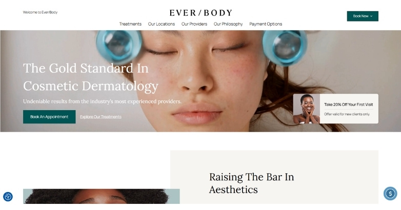 Ever Body cosmetic dermatology website design with treatment-focused imagery and booking CTA.