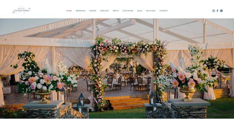 The Brilliant Event Planning website with elegant design featuring a stunning image of a decorated event.