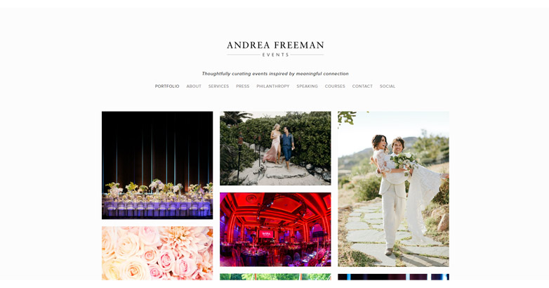 The elegant Andrea Freeman Events website with vibrant photography and clean design