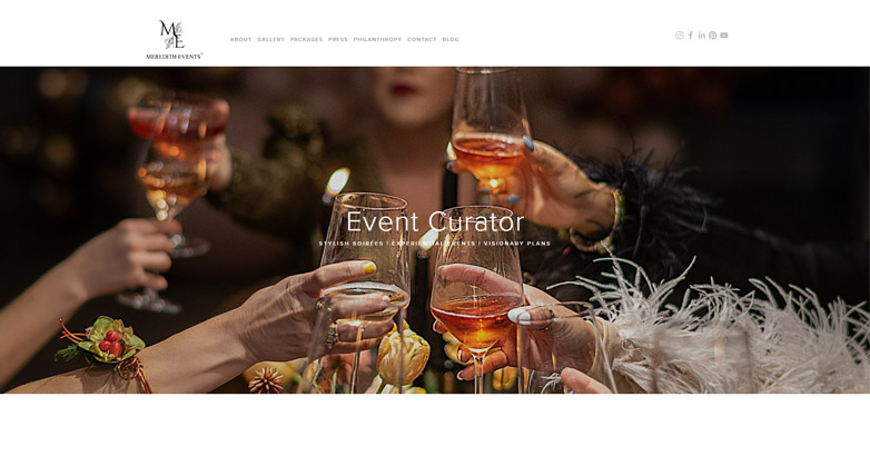 The Meredith Events website featuring a striking hero image of a celebratory toast with elegant design