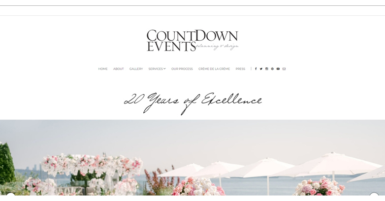 The elegant Countdown Events website highlights their 20 years excellence with clean website design