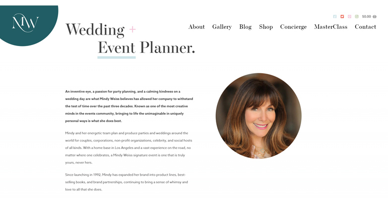 The Mindy Weiss website featuring introduces Mindy's profound expertise with charm and minimalist website design