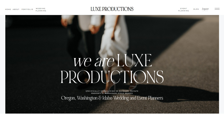 Luxe Productions website features a photo of a couple with modern and high-quality visuals