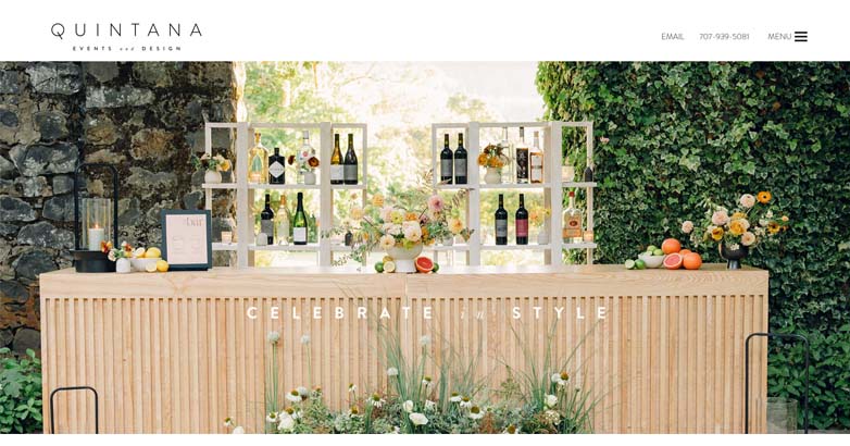 The Quintana Events website homepage with beautiful image of a styled bar setup with high aesthetic website design