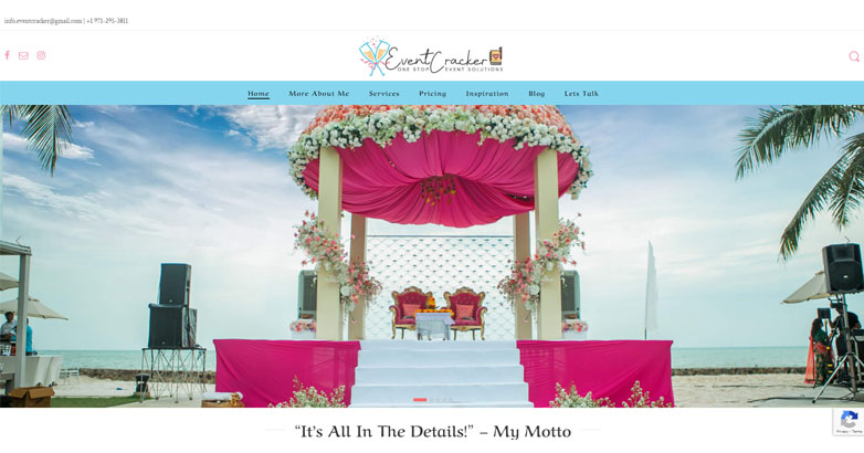 The Event Cracker website with welcoming and vibrant design featuring wedding reception and friendly navigation menu