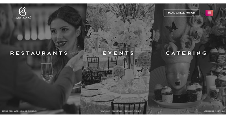 The Barton G. website featuring Restaurants, Events, and Catering sections with high-quality imagery and professional layout