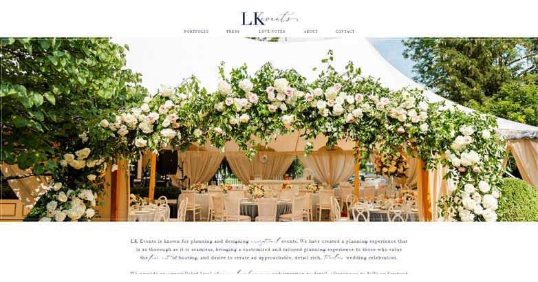 The LK Events website with beautiful images and elegance luxury layout