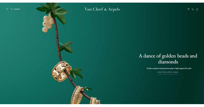 The Van Cleef & Arpels website features stunning imagery of their jewelry collection, navigation menu and professional design