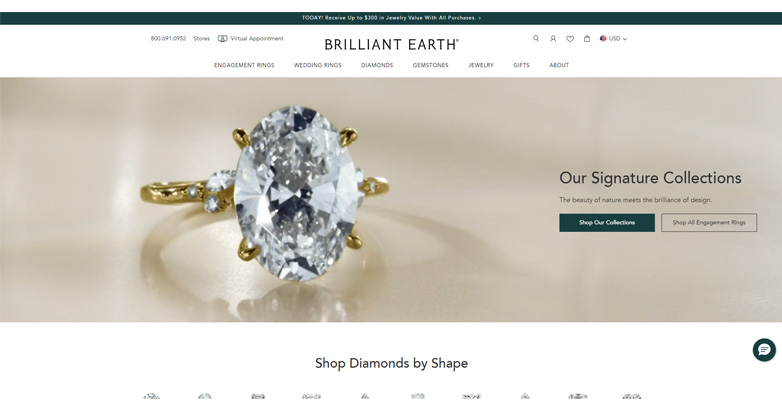 The Brilliant Earth elegant website features stunning images of their collections with luxury and modern layout