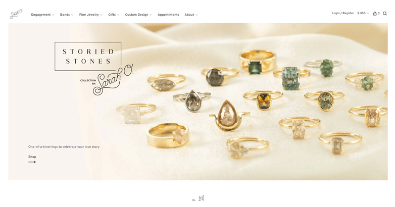 The Sarah O. Jewelry website homepage features high-quality images of custom jewelry and user-friendly navigation menu with clean and elegance layout