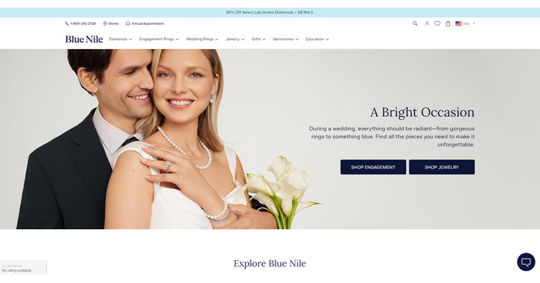 The Blue Nile website homepage features interactive tools for custom designing engagement rings, high-quality images of their collection and aesthetic layout
