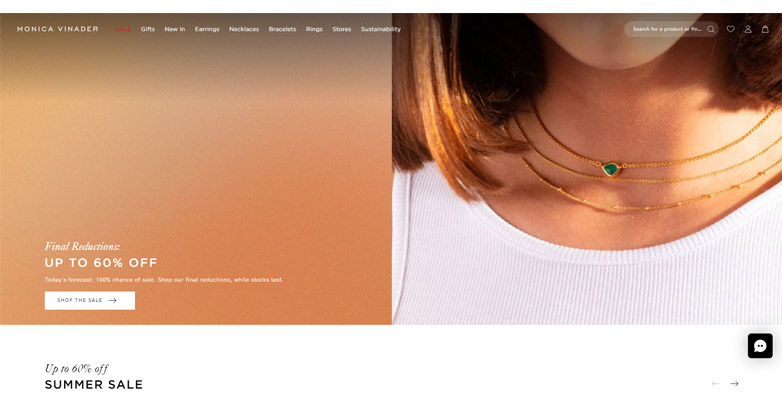 Monica Vinader website homepage features stunning high-quality images of their jewelry pieces and contemporary elegant layout