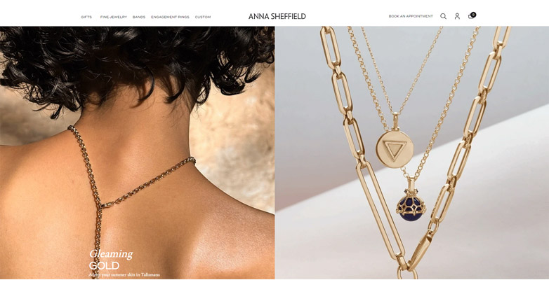 The Anna Sheffield website blends modern and artistic elegance with high-quality images of their collection and clean website layout