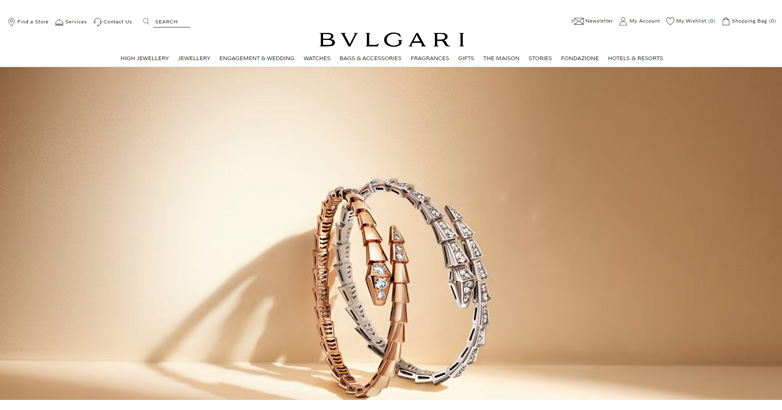 The Bulgari website showcase high-quality images of their jewelry collections with luxury website layout