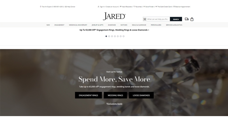 The Jared website with vibrant images and inviting design