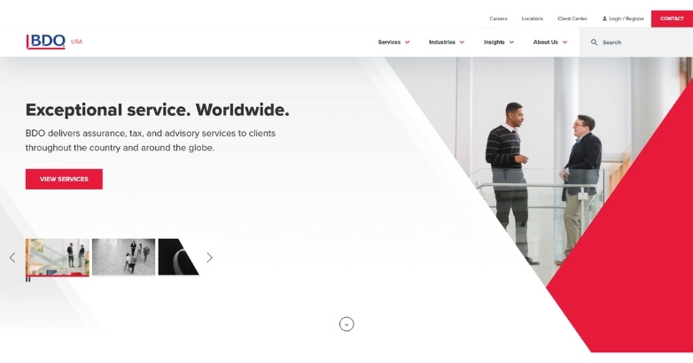 BDO USA CPA website featuring bold branding, clear navigation, and a service-focused layout.