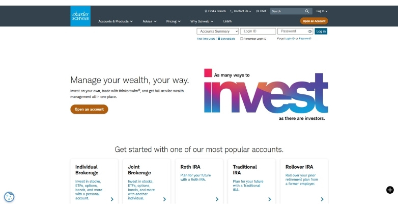 Charles Schwab website featuring clear navigation, account options, and a streamlined design.