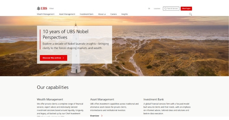 UBS website featuring a clean layout, financial services, and a prominent editorial-style hero image.