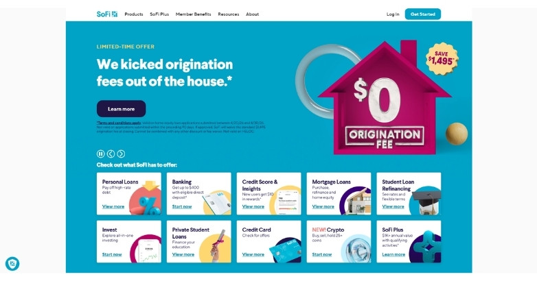 Financial services website design promoting offers, products, and user engagement for SoFi