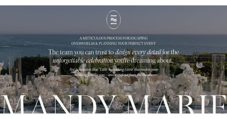 Mandy Marie Events website displaying an exquisite beach setting and sophisticated text, representing high-end event planning.