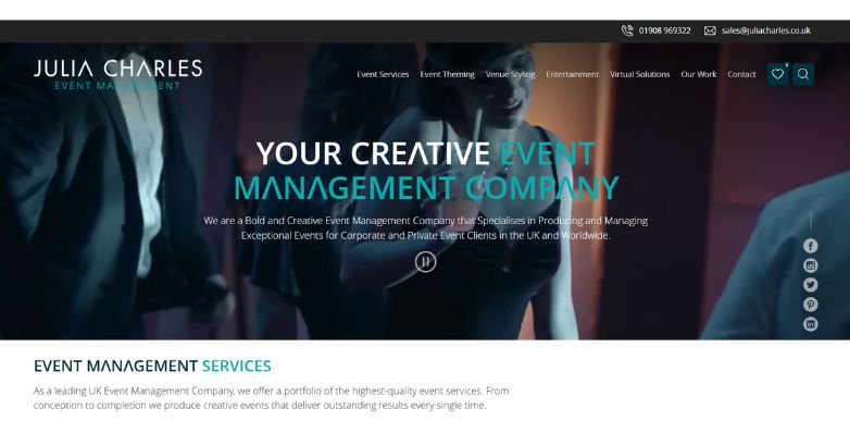 Julia Charles Event Management's website showcases dark visuals, engaging video, and sleek design for high-caliber event planning.