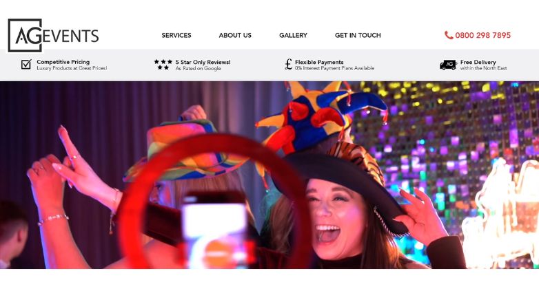 AG Event user-friendly event planning website featuring competitive pricing, flexible payment options, and an engaging background video.