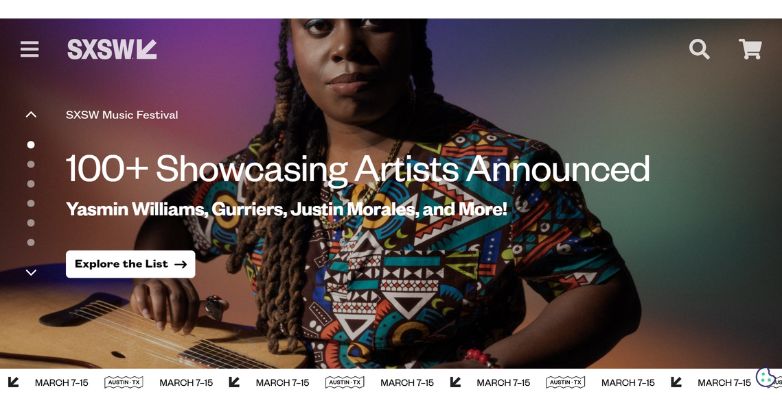 SXSW website showcasing vibrant visuals, bold typography, and interactive elements for an immersive experience.