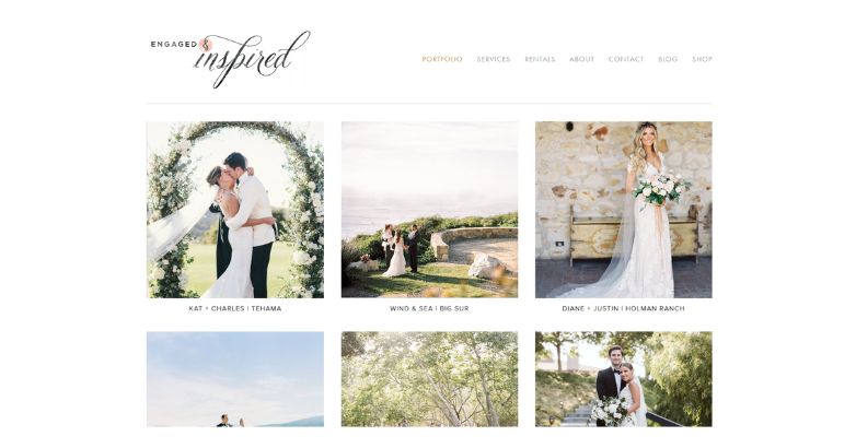 The Engaged & Inspired romantic wedding website design showcasing a clean grid layout and delicate typography for the bride and groom's celebration.