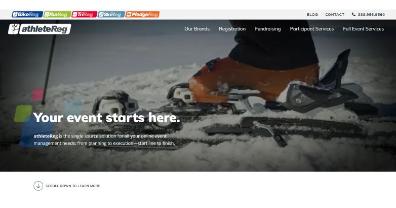 The AthleteReg dynamic website page showcasing a snowboarder, featuring clean and vibrant design.