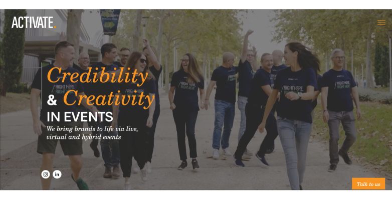 The Activate Events' website highlights a collaborative team, energetic visuals, and a clear call-to-action for potential clients.