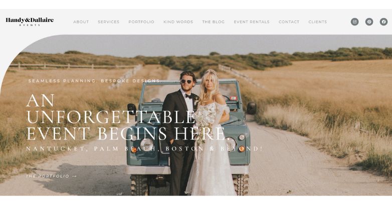The Handy & Dallaire Events upscale website showcasing a couple beside a classic car, highlighting exclusive event planning services.