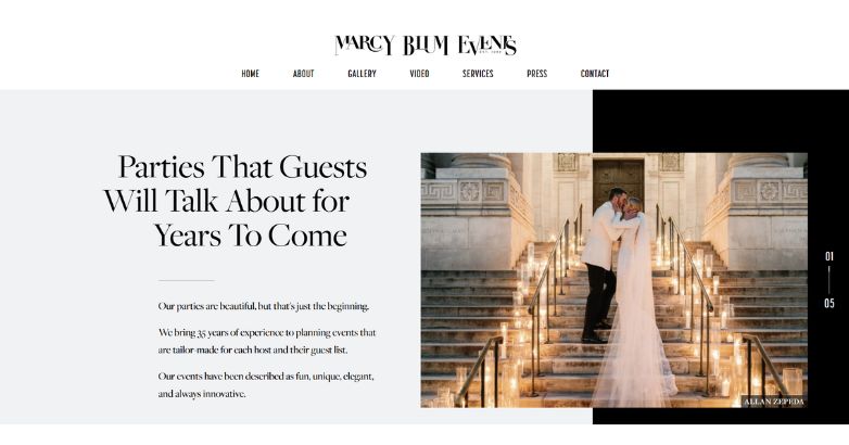 Marcy Blum sophisticated wedding website design that combines elegance and modernity, emphasizing unforgettable celebrations and expert planning.