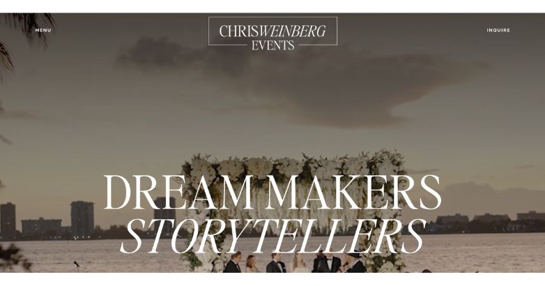 Chris Weinberg Events' website showcasing storytelling approach highlighting the cinematic wedding scene at sunset, framed by a floral arch.