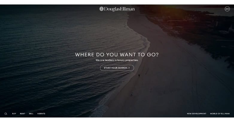 Douglas Elliman luxury real estate website featuring a coastal property search homepage.